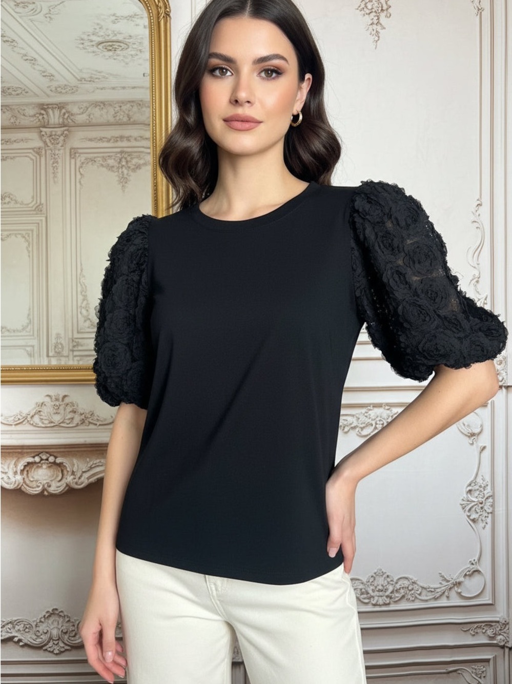 Black Short Sleeve Puff Top with Floral Lace Sleeves